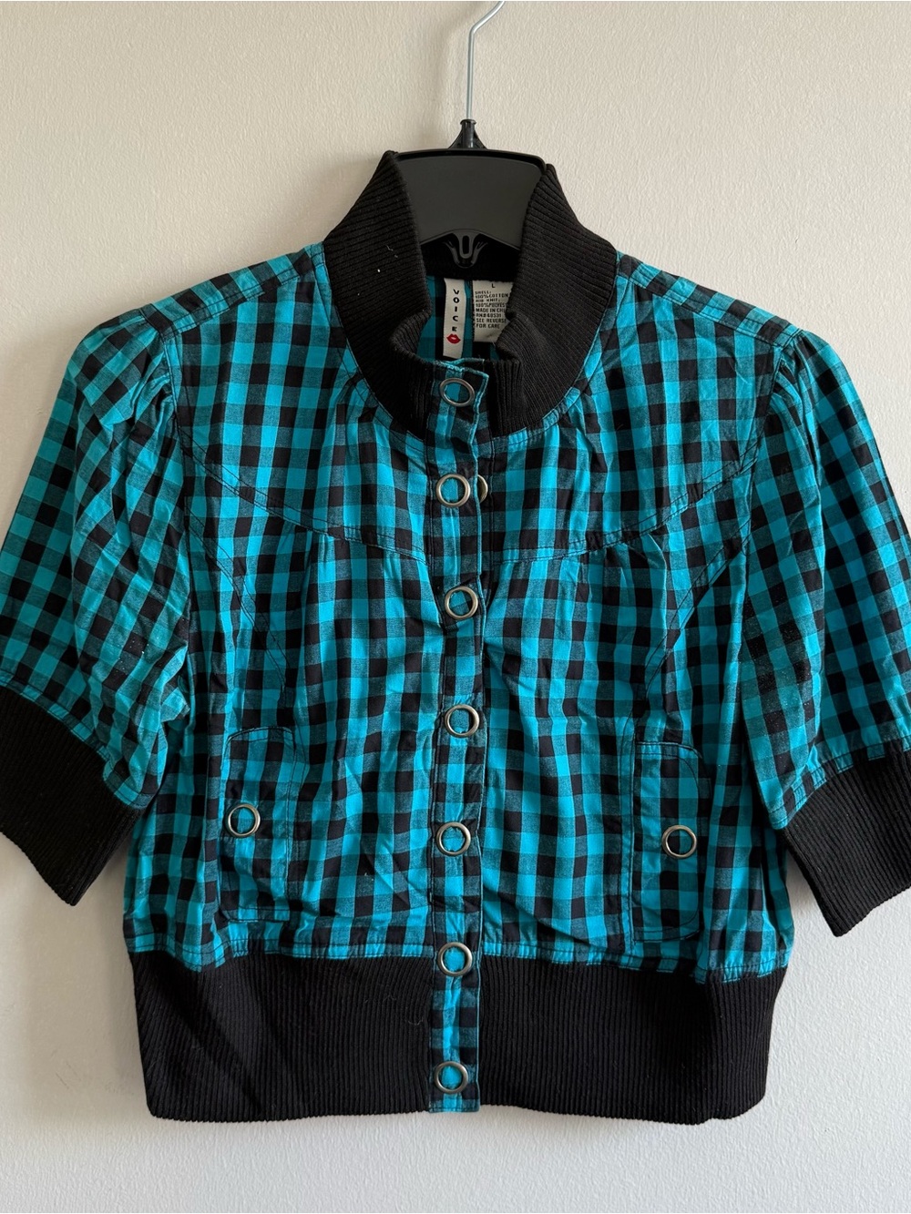 Girls' Juniors Teal & Black Checked Short Sleeve Button-Up Shirt Jacket Top Y2K